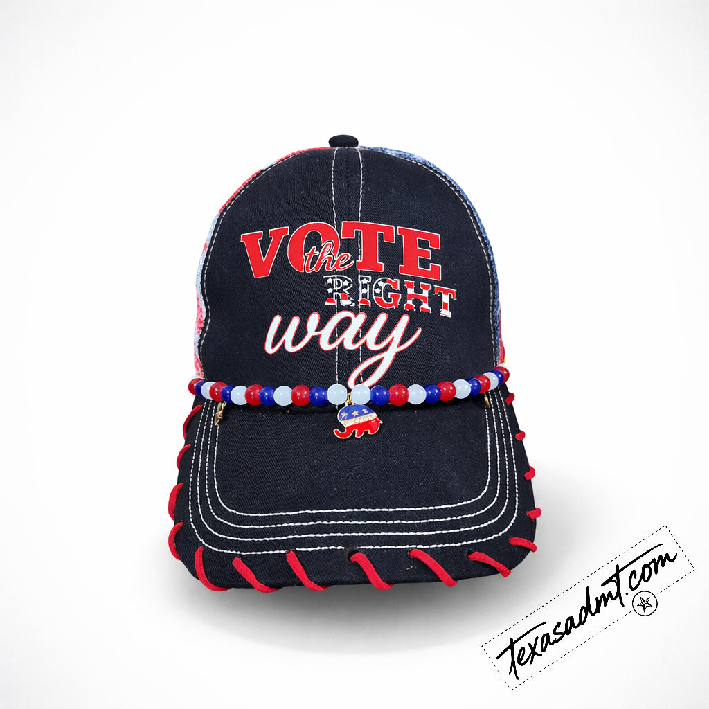 Vote the Right Way Patriotic Beaded Trucker Hat – Red, White & Blue Statement