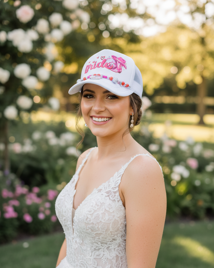 Disco Ball and Cowboy Boots Bride Trucker Hat – White Mesh Bridal Cap for Bachelorette, Wedding Morning & Bridal Shower