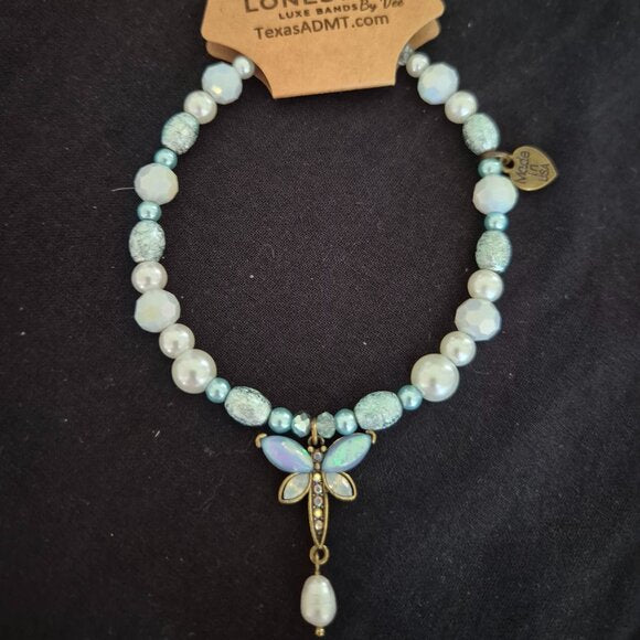 Handcrafted Beaded Hat Band • Dragonfly Charm • Blue & Pearl Western Boho Band