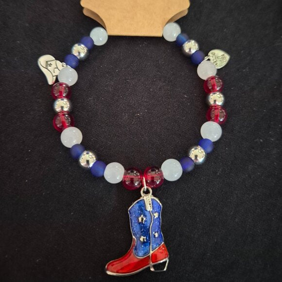 Americana Western Hat Band Beaded Red White Blue with Boot Pendant