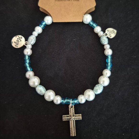 Beaded Hat Band with Cross Charm – Blue Pearl Western Accessory