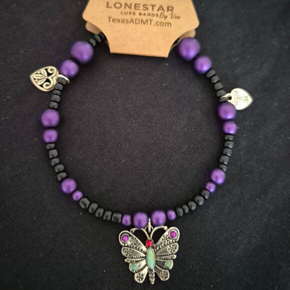 Western Purple & Black Beaded Hat Band with Butterfly Charm