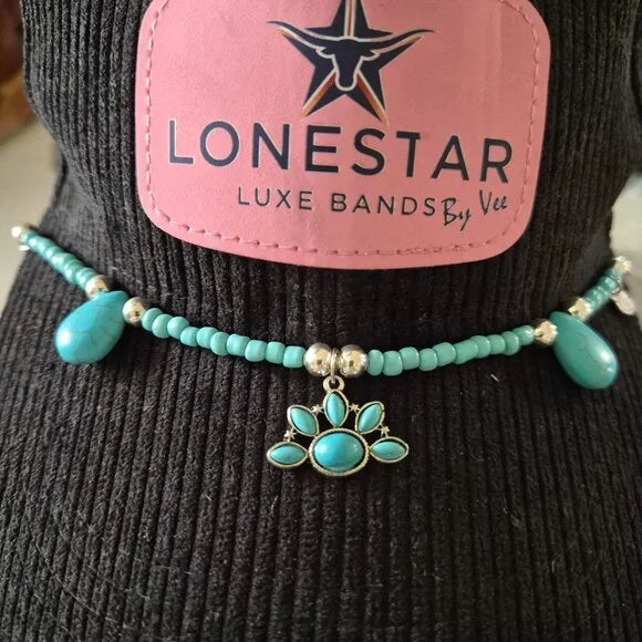Turquoise Stone & Silver Bead Hat Band – Western Cowgirl Accessory