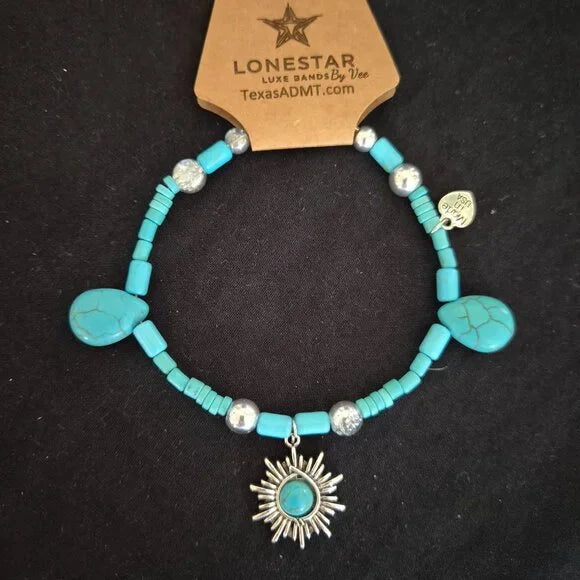Turquoise Beaded Hat Band w/ Silver Sunburst Pendant – Western Boho