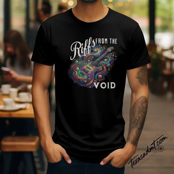 “Riffs From the Void” Psychedelic Guitar Graphic Tee – Black T-shirt