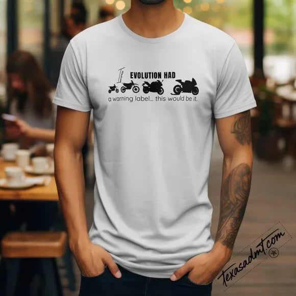 White Graphic Tee "If Evolution Had A Warning Label" Moto Shirt Motogp