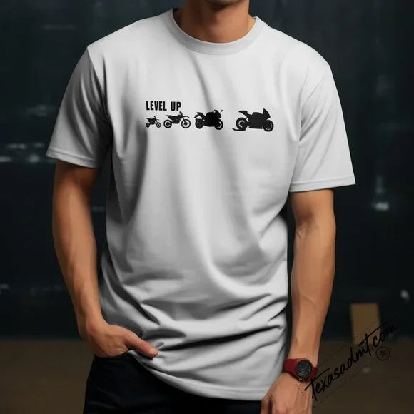 Level Up Motorcycle Evolution T-Shirt – Moto Rider Progression Graphic Tee