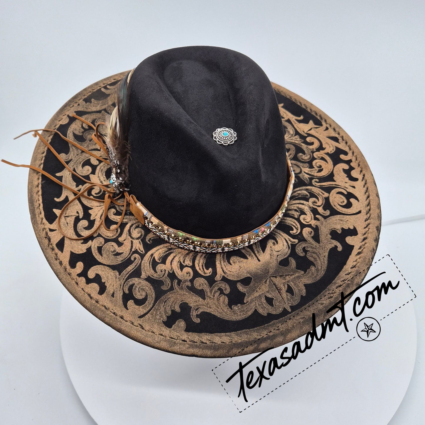Boho Custom Wide-Brim Western Tooled & Embellished Custom Engraved Western Hat