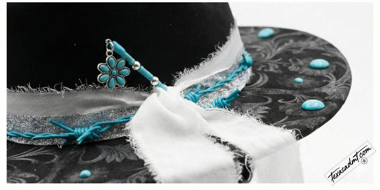 Midnight Turquoise Bloom – Custom Engraved Western Hat