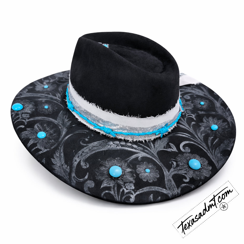 Midnight Turquoise Bloom – Custom Engraved Western Hat