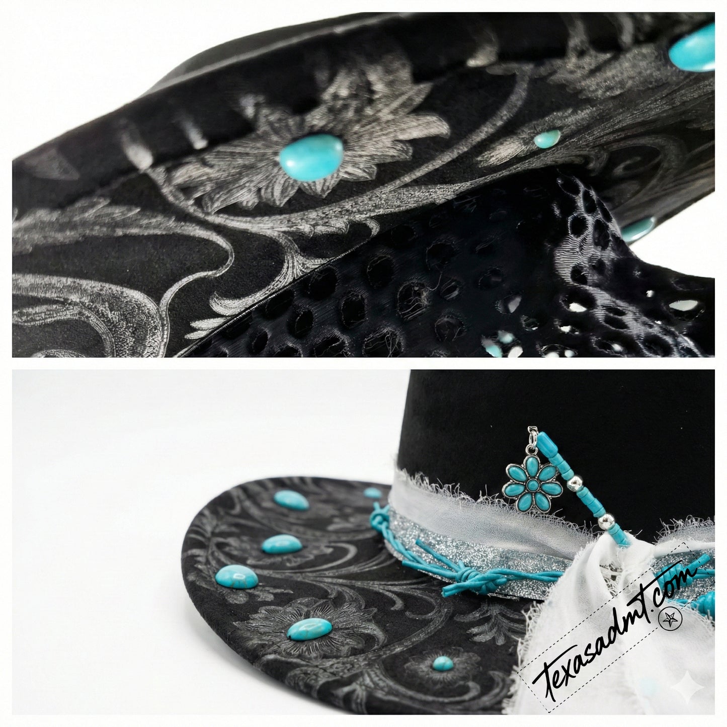 Midnight Turquoise Bloom – Custom Engraved Western Hat