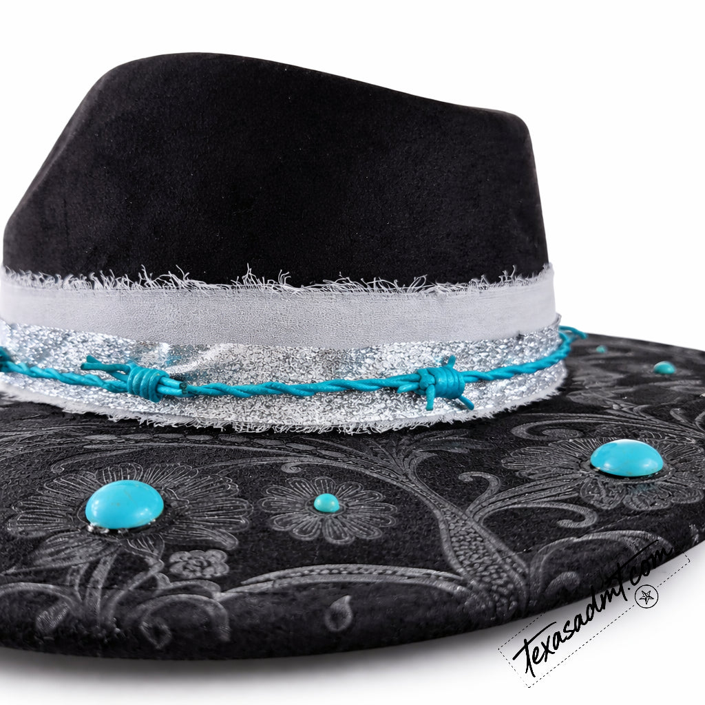 Midnight Turquoise Bloom – Custom Engraved Western Hat