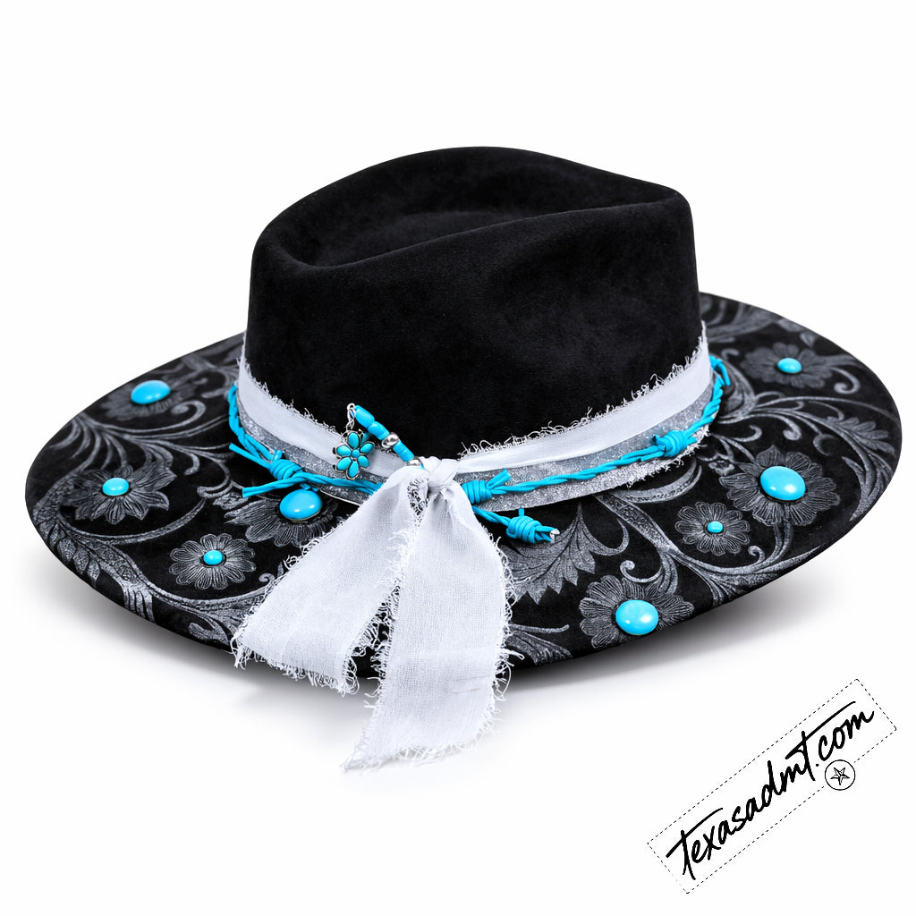 Midnight Turquoise Bloom – Custom Engraved Western Hat