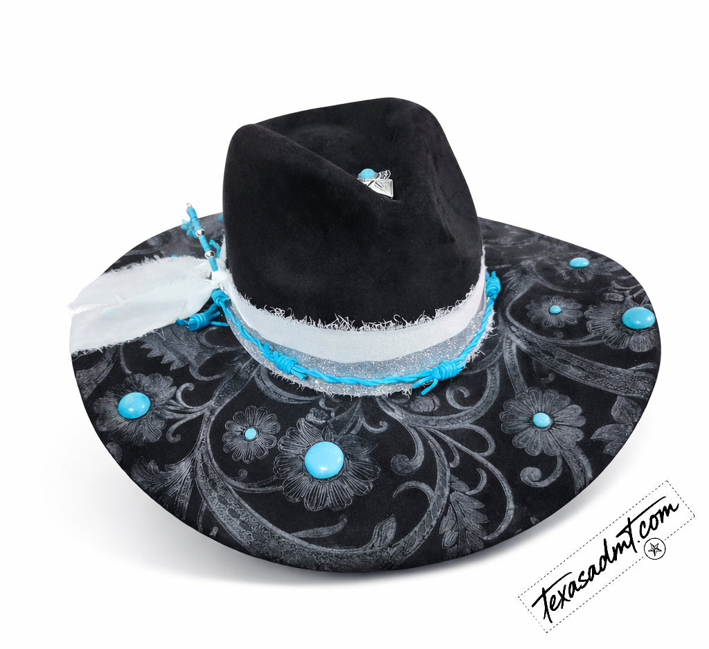 Midnight Turquoise Bloom – Custom Engraved Western Hat