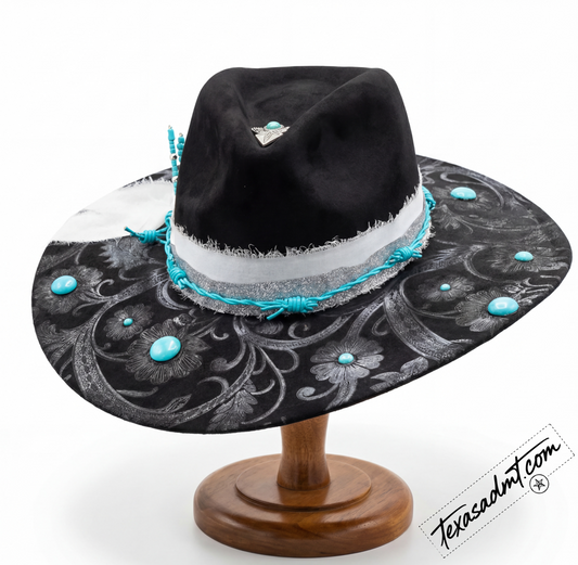 Midnight Turquoise Bloom – Custom Engraved Western Hat