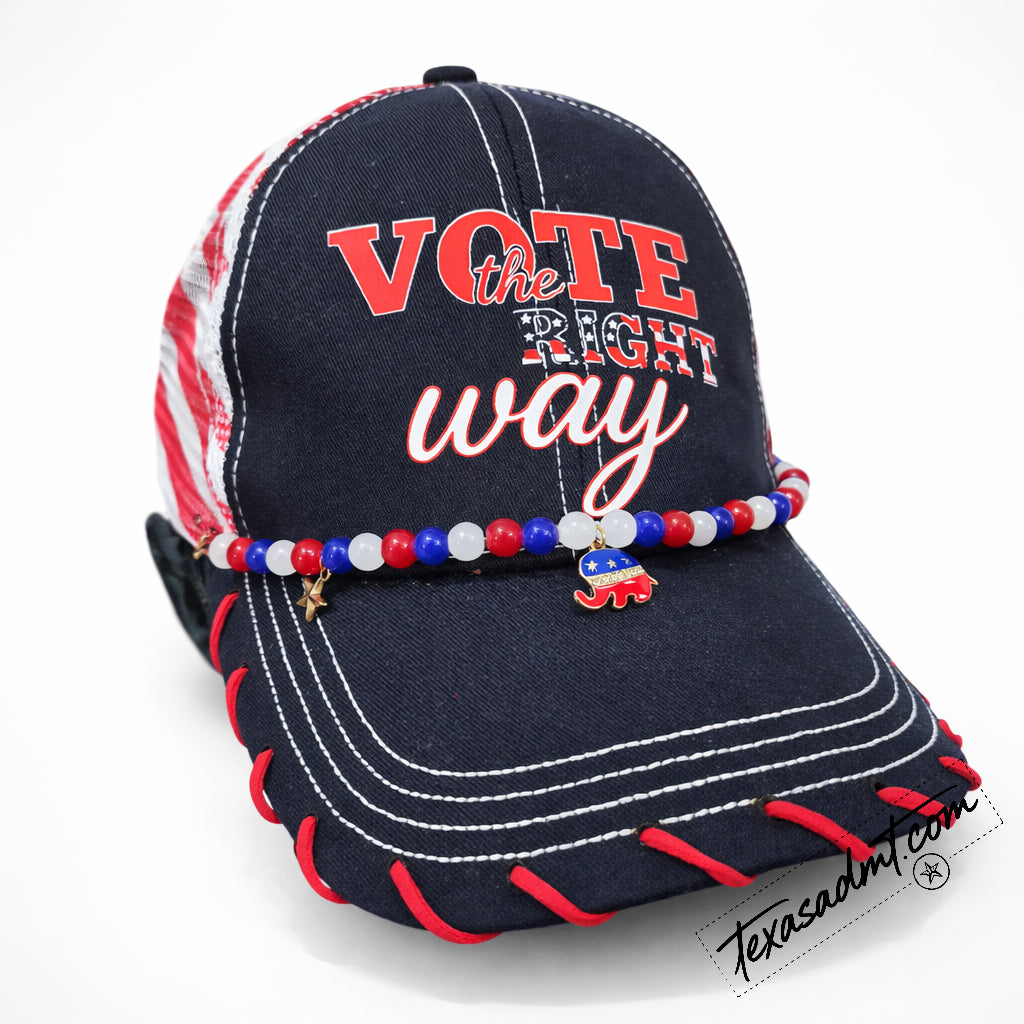 Vote the Right Way Patriotic Beaded Trucker Hat – Red, White & Blue Statement