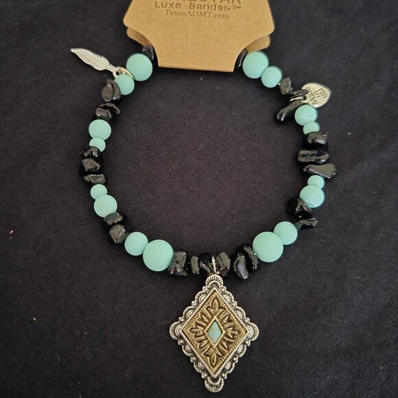 Cowgirl Western Hat Band Turquoise Beads & Metal Diamond Pendant