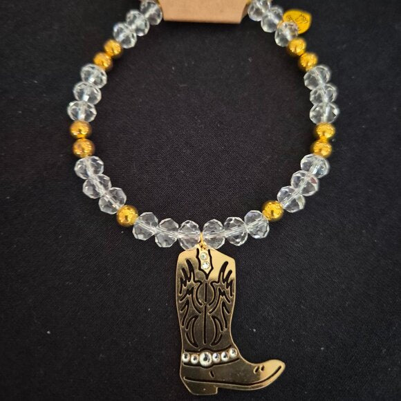 Beaded Western Hat Band Clear Crystal & Gold with Boot Pendant