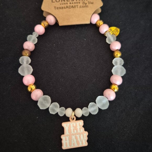 Cowgirl Western Beaded Hat Band Pink & Gold YEE HAW Charm