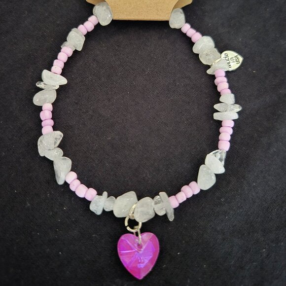 Handmade Western Hat Band – Pink Beads, Clear Stone Chips, Heart Charm