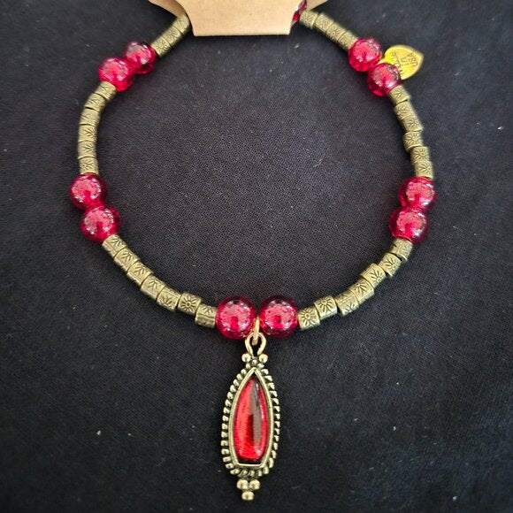 Cowgirl Style Red Glass Bead Hat Band with Antique Gold Pendant