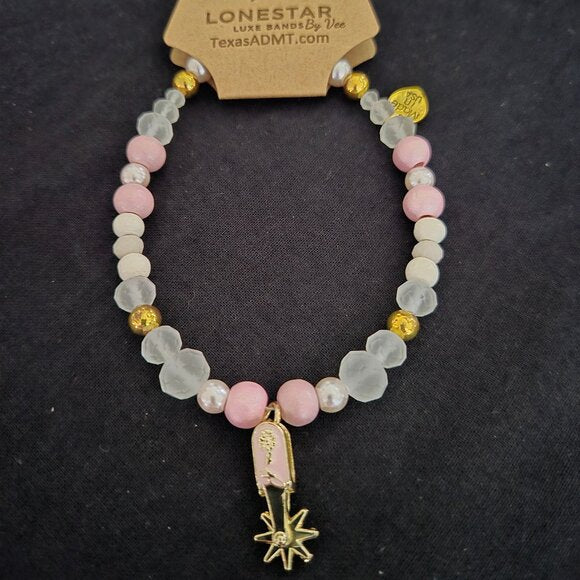 Handmade Western Beaded Hat Band Pink/Gold w/ Spur Charm
