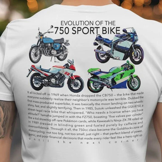 750 Sportbike Evolution Tee: Yamaha, Suzuki, Kawasaki, Honda GSXR, CBR, ZX