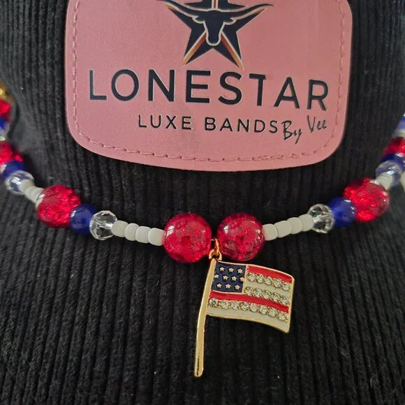 Handmade Patriotic Hat Band – Crystal Beads & Flag Charm – Western Style