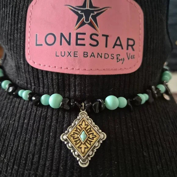 Cowgirl Western Hat Band Turquoise Beads & Metal Diamond Pendant