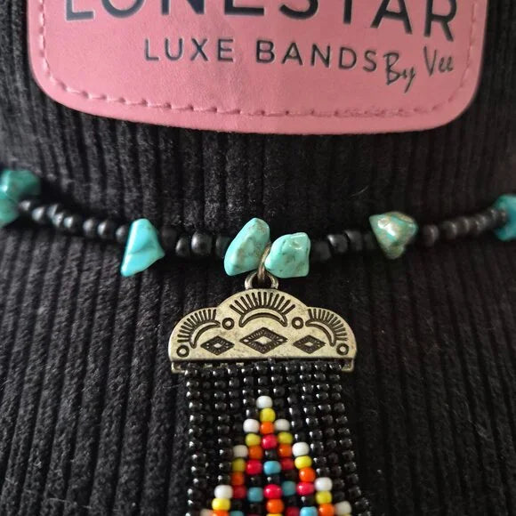Southwestern Seed Bead Hat Band – Faux Turquoise & Black Beads