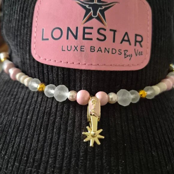 Handmade Western Beaded Hat Band Pink/Gold w/ Spur Charm