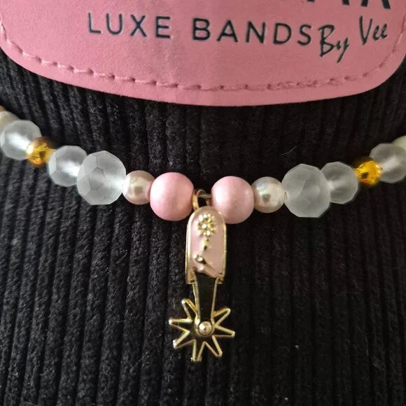 Handmade Western Beaded Hat Band Pink/Gold w/ Spur Charm