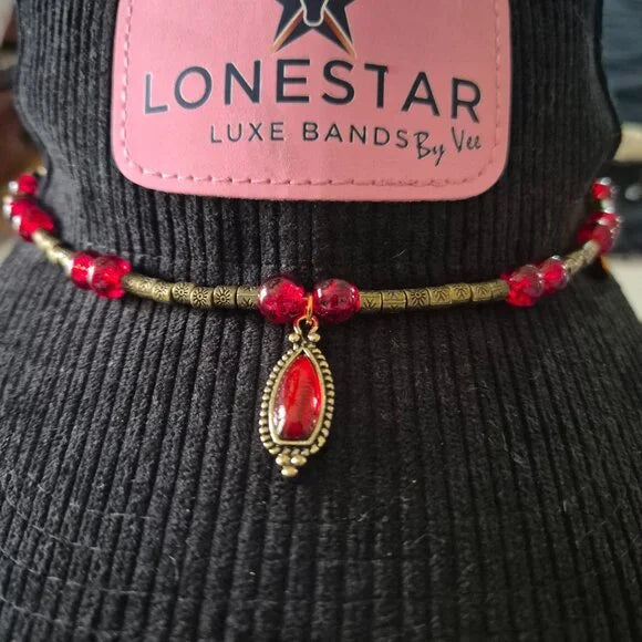 Cowgirl Style Red Glass Bead Hat Band with Antique Gold Pendant