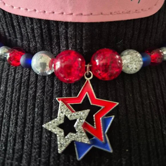 American Patriotic Beaded Hat Band Red White Blue Stars