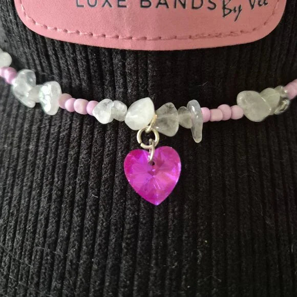 Handmade Western Hat Band – Pink Beads, Clear Stone Chips, Heart Charm