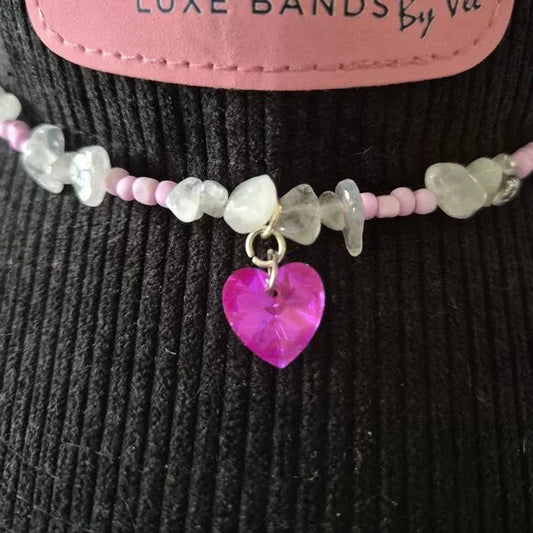 Handmade Western Hat Band – Pink Beads, Clear Stone Chips, Heart Charm