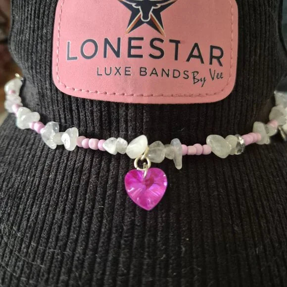 Handmade Western Hat Band – Pink Beads, Clear Stone Chips, Heart Charm