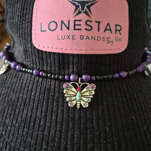 Western Purple & Black Beaded Hat Band with Butterfly Charm