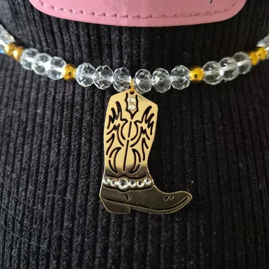 Beaded Western Hat Band Clear Crystal & Gold with Boot Pendant