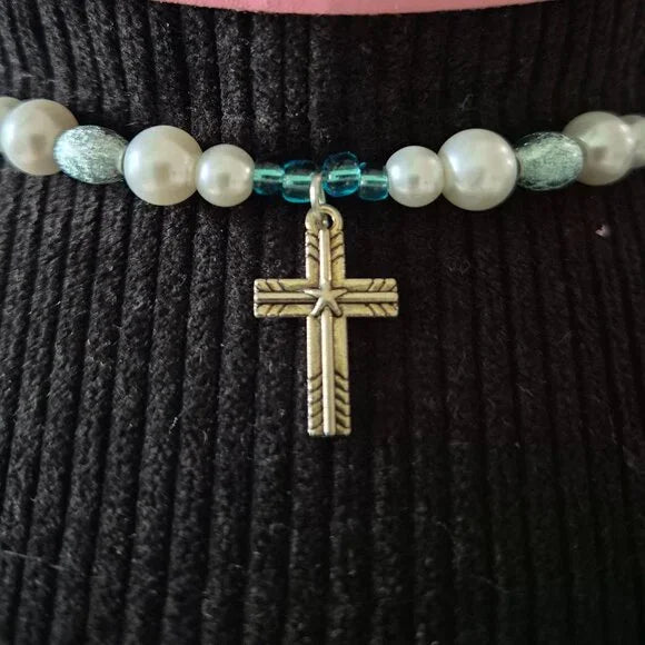 Beaded Hat Band with Cross Charm – Blue Pearl Western Accessory
