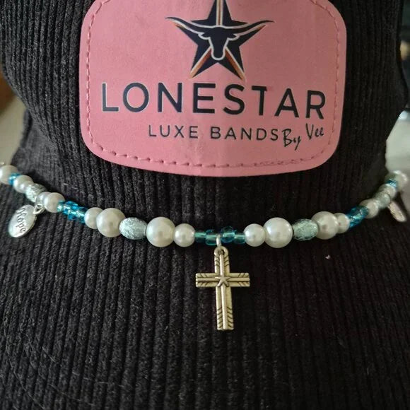 Beaded Hat Band with Cross Charm – Blue Pearl Western Accessory