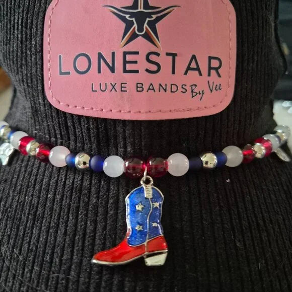 Americana Western Hat Band Beaded Red White Blue with Boot Pendant