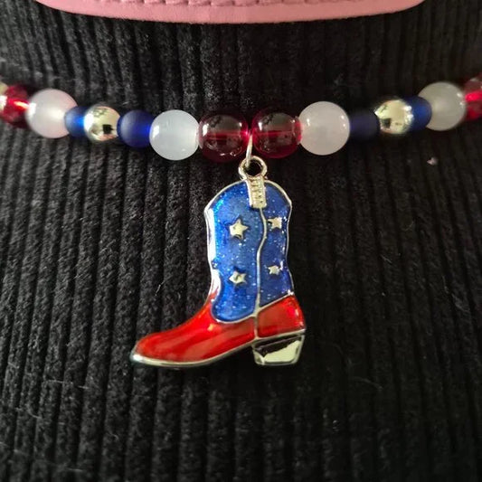 Americana Western Hat Band Beaded Red White Blue with Boot Pendant