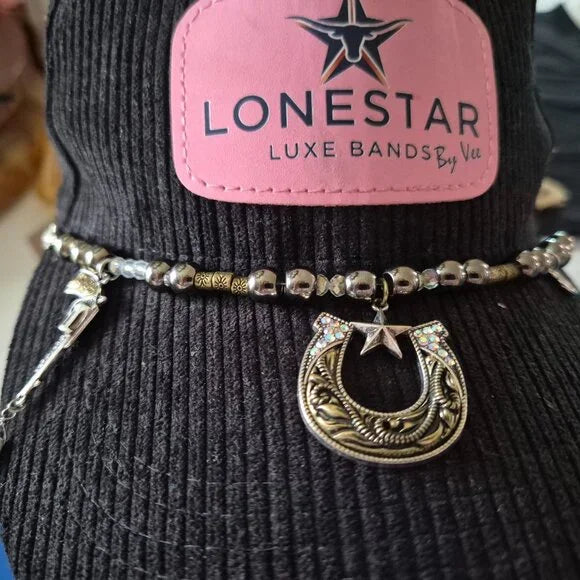 Lone Star Luxe Western Hat Band Gunmetal Beads Horseshoe Pendant USA Made