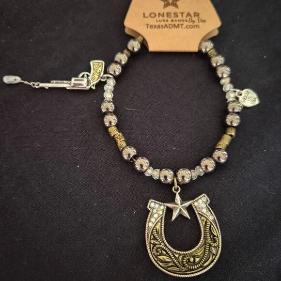 Lone Star Luxe Western Hat Band Gunmetal Beads Horseshoe Pendant USA Made