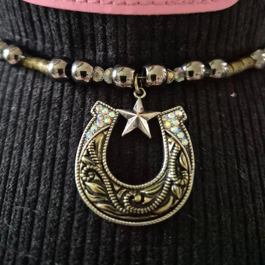 Lone Star Luxe Western Hat Band Gunmetal Beads Horseshoe Pendant USA Made