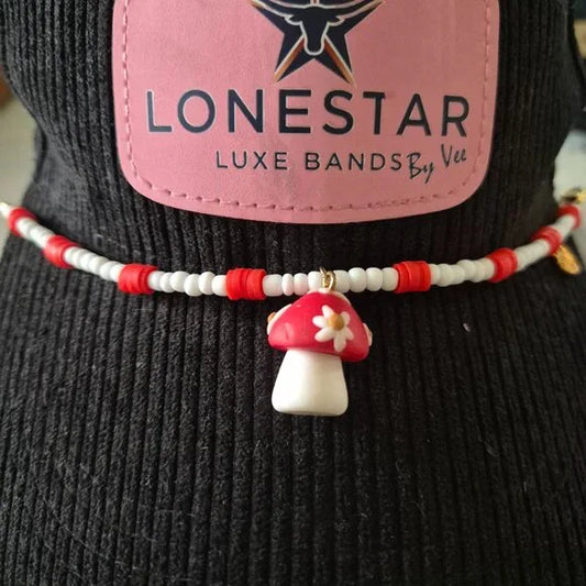 Handmade Beaded Hat Band – Mushroom Charm Cottagecore Western Accessory
