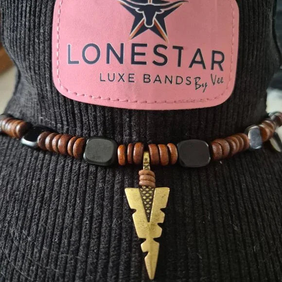 Western Beaded Hat Band Brown Wood & Black Stone Arrowhead Pendant