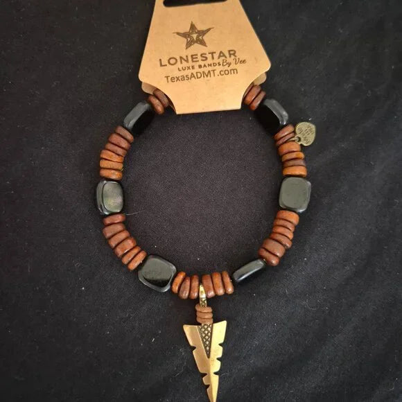 Western Beaded Hat Band Brown Wood & Black Stone Arrowhead Pendant