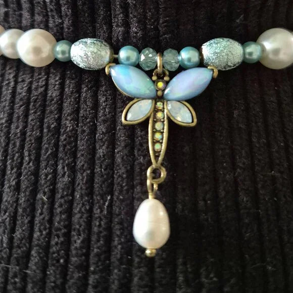 Handcrafted Beaded Hat Band • Dragonfly Charm • Blue & Pearl Western Boho Band